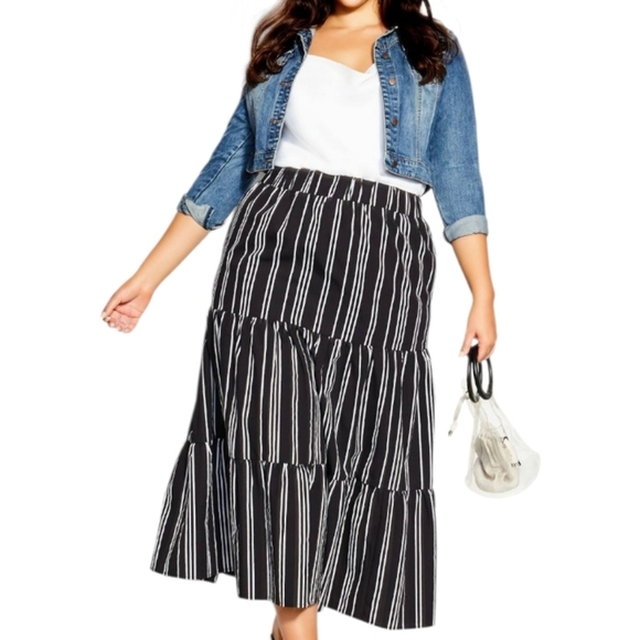 CITY CHIC Striped Black Ivory stripe cotton linen ruffled Maxi Skirt 16 - Picture 1 of 4